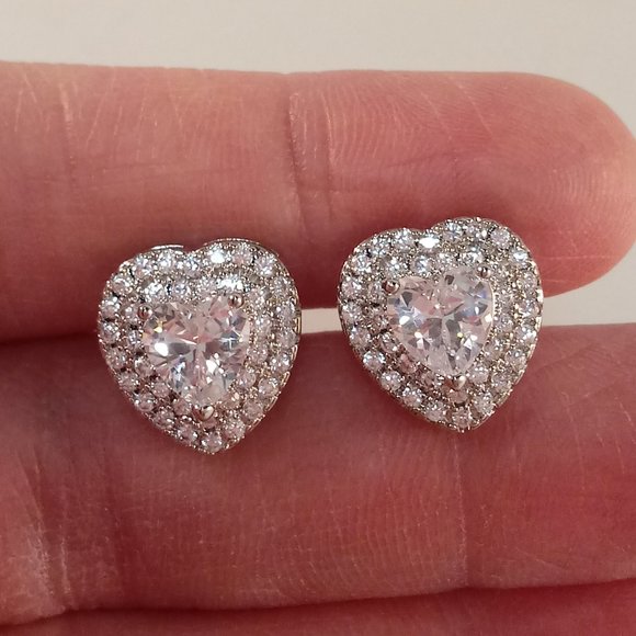 925 Sterling Silver Luxury Romantic Heart Diamond Zircon Stud Earrings 1.13ctw - Picture 2 of 4